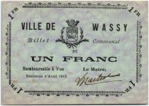 France 1 Franc Wassy Ville - 1917