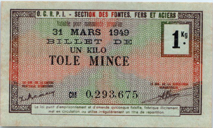 Billet France 1 KG Tôle Mince , Bon de Matière O.C.R.P.I - Section