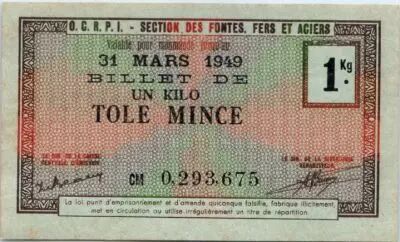 France 1 KG T�le Mince , Bon de Mati�re O.C.R.P.I - Section des fontes, fers et aciers