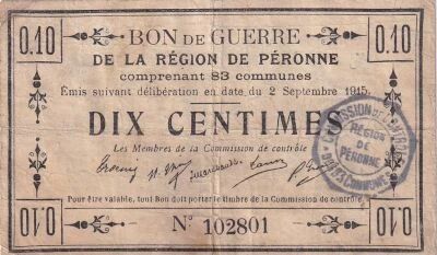 France 10 centimes - P�ronne War Bond - September 2, 1915 - Series No. 102801