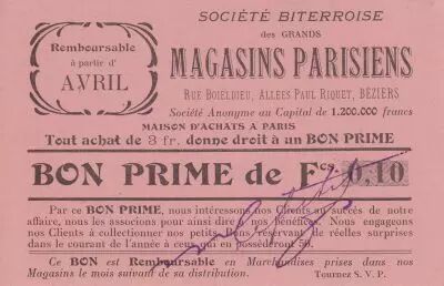 France 10 centimes B�ziers Bon prime remb.� partir d avril