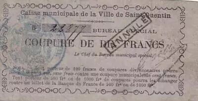 France 10 F , Saint-Quentin Caisse Municipale, �mis tampon Annul�