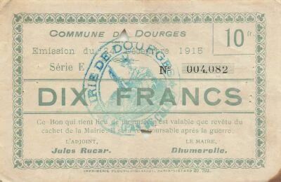 France 10 Francs - City of Dourges - 24-12-1915 - Serial E