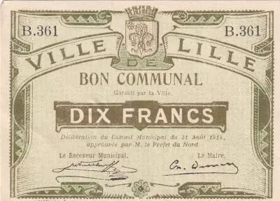 France 10 francs - City of Lille - 31-08-1914 - S�rie B 361