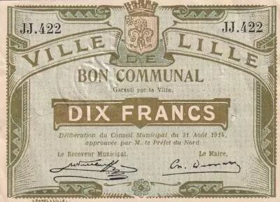 France 10 francs - City of Lille - 31-08-1914 - S�rie JJ 422