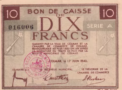 France 10 Francs , Colmar Chambre de Commerce, s�rie A - 1940