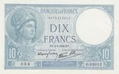 France 10 Francs - Minerva - 02-01-1941 - Serial O.83013