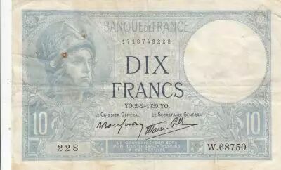 France 10 Francs - Minerva - 02-02-1939 - Serial W.68750