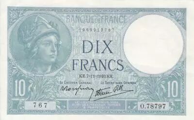 France 10 Francs - Minerva - 07-11-1940 - Serial O.78797
