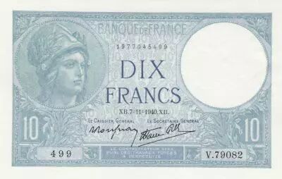 France 10 Francs - Minerva - 07-11-1940 - Serial V.79082