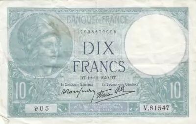 France 10 Francs - Minerva - 12.12.1940 - Serial V.81547