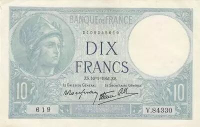 France 10 Francs - Minerva - 16-01-1941 - Serial V.84330