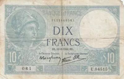 France 10 Francs - Minerva - 19-06-1941 - Serial U.84515