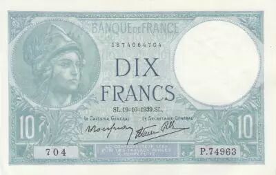 France 10 Francs - Minerva - 19-10-1939 - Serial P.74963