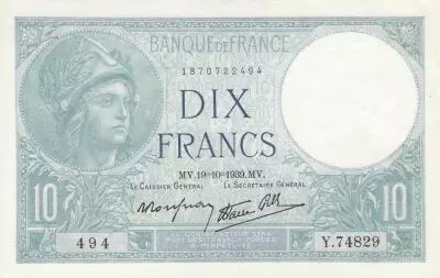 France 10 Francs - Minerva - 19-10-1939 - Serial S�rie Y.74829