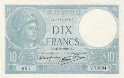 France 10 Francs - Minerva - 26-09-1940 - Serial  V.76594