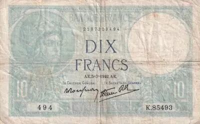 France 10 Francs - Minerve - 05-03-1942 - S�rie L.85493 - TB - F.07.31