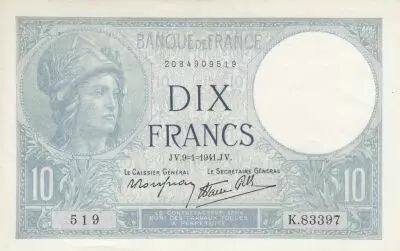 France 10 Francs - Minerve - 09-01-1941 - S�rie K.83397