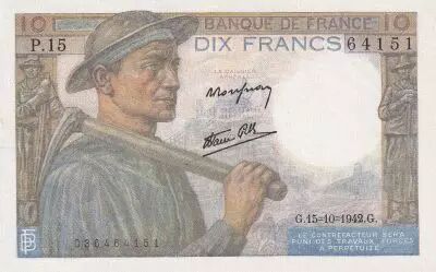 France 10 Francs - Mineur - 15-10-1942 - S�rie P.15 - F.08.04