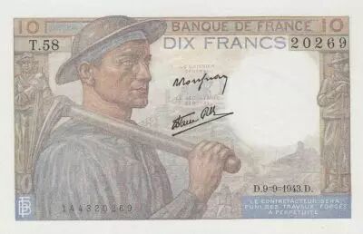 France 10 Francs - Minor - 09-09-1943 - Serial T.58