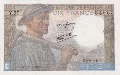 France 10 Francs - Minor - 09-09-1943 - Serial Y.57 - P.99