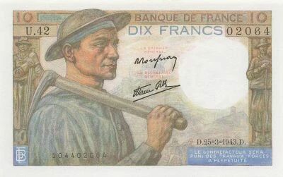 France 10 Francs - Minor - 25-03-1943 - Serial U.42