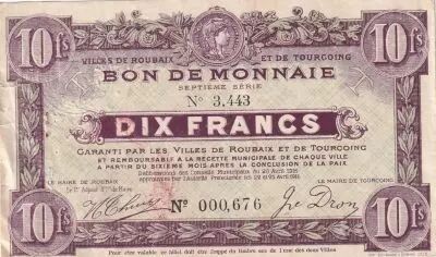 France 10 Francs - Ville -  Roubaix-Tourcoing  - 20-04-1916 - 7�me s�rie