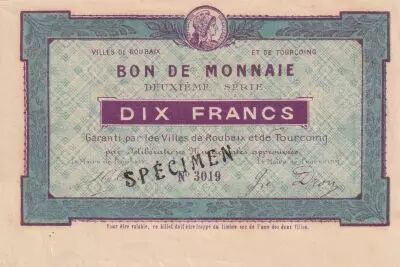France 10 Francs - Ville -  Roubaix-Tourcoing  - 2�me S�rie -  N�3019 - SPECIMEN