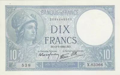 France 10 Francs  Minerva - 09-01-1941 - Serial X.83366