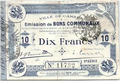 France 10 Francs Cambrai City - 1914