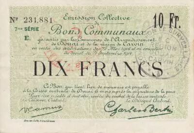 France 10 Francs Douai City - 1916