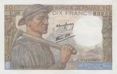 France 10 Francs Miner - 14-01-1943 Serial U.38