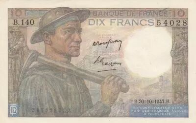 France 10 Francs Miner - 30-10-1947 Serial B.140 - aUNC