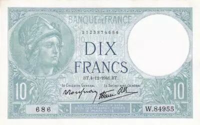 France 10 Francs Minerva -  04-12-1941 - Serial W.84955