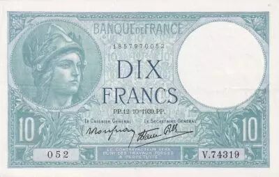 France 10 Francs Minerva - 06-07-1939 - Serial T.74479