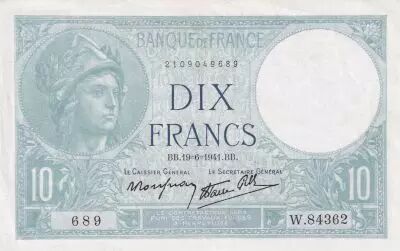 France 10 Francs Minerva - 19-06-1941 - Serial W.84362