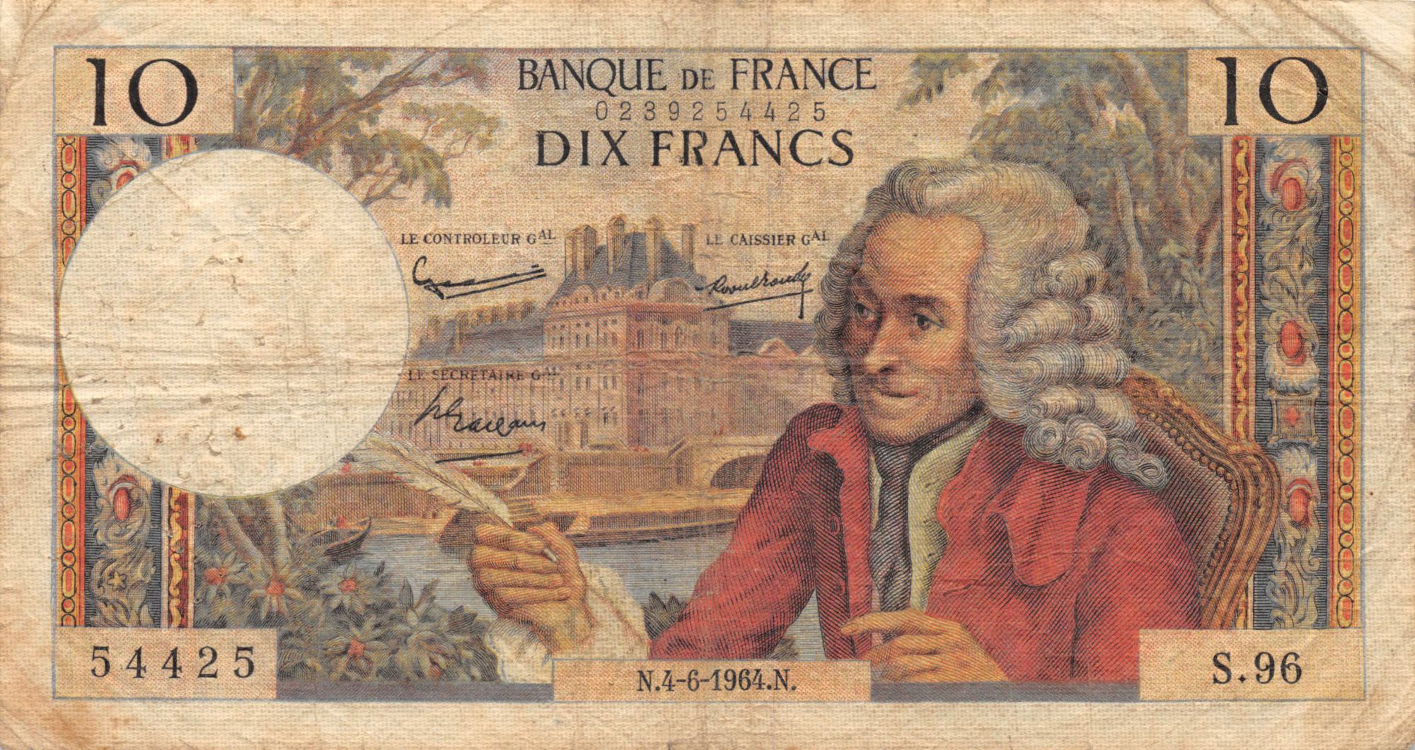 Banknote France 10 Francs Voltaire 04 06 1964 Serial S 