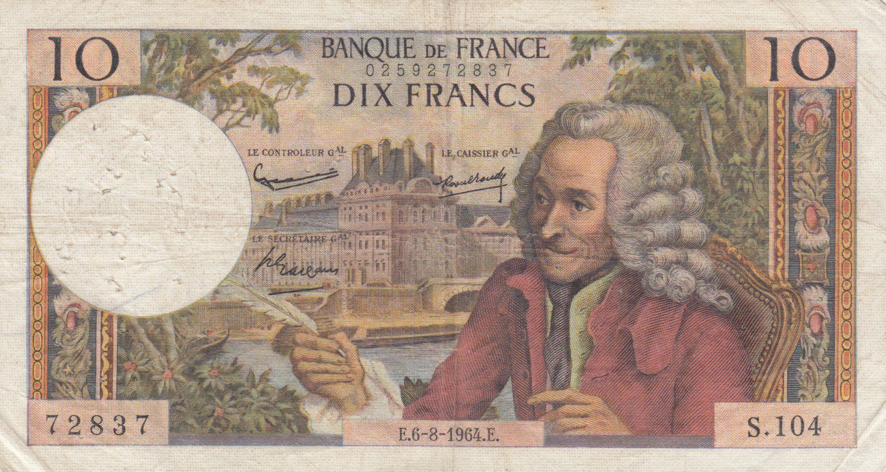 Banknote France 10 Francs Voltaire 06 08 1964 Serial S 