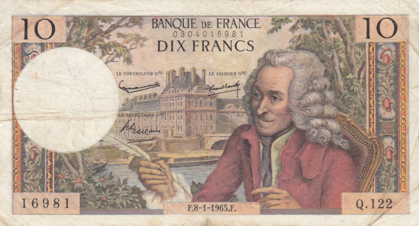 Banknote France 10 Francs Voltaire 08 01 1965 Serial Q 