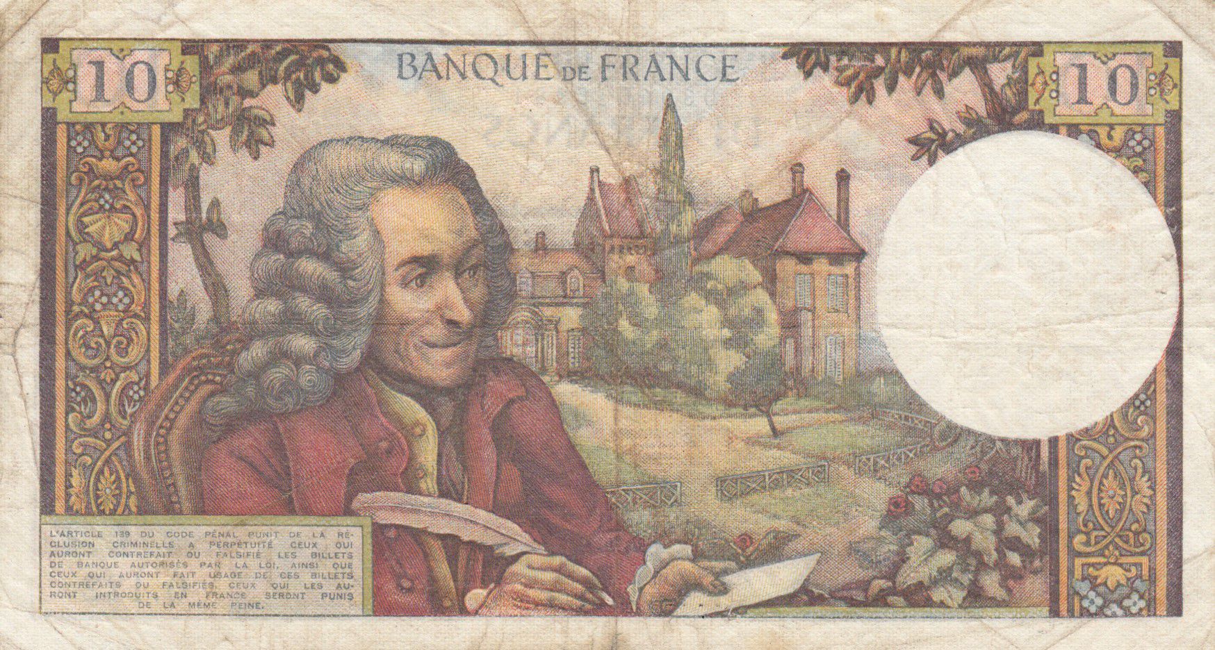 Banknote France 10 Francs Voltaire 08 01 1965 Serial Q 