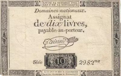 France 10 Livres - Filigrane Fleur de Lys - 24-10-1792 - Sign. Taisaud - S�rie 2982