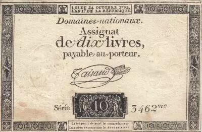 France 10 Livres - Filigrane Fleur de Lys - 24-10-1792 - Sign. Taisaud - S�rie 3462