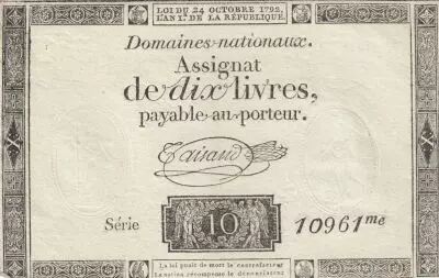 France 10 Livres - Filigrane R�publique - Sign. Taisaud - 24-10-1792 - S�rie 10961