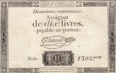 France 10 Livres - Filigrane R�publique - Sign. Taisaud - 24-10-1792 - S�rie 13027