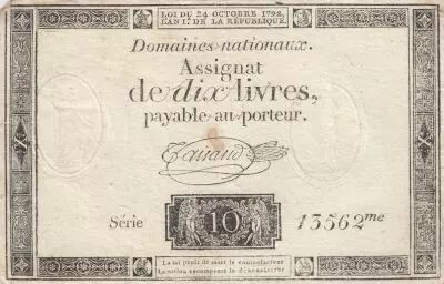 France 10 Livres - Filigrane R�publique - Sign. Taisaud - 24-10-1792 - S�rie 13562