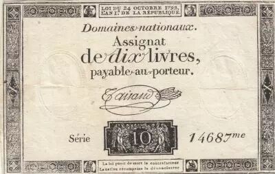 France 10 Livres - Filigrane R�publique - Sign. Taisaud - 24-10-1792 - S�rie 14687