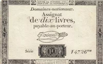 France 10 Livres - Filigrane R�publique - Sign. Taisaud - 24-10-1792 - S�rie 14726