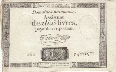 France 10 Livres - Filigrane R�publique - Sign. Taisaud - 24-10-1792 - S�rie 14796