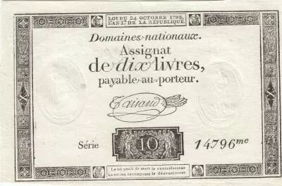 France 10 Livres - Filigrane R�publique - Sign. Taisaud - 24-10-1792 - S�rie 14796