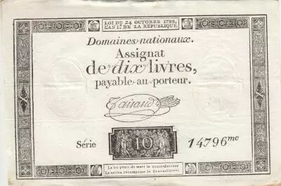 France 10 Livres - Filigrane R�publique - Sign. Taisaud - 24-10-1792 - S�rie 14796